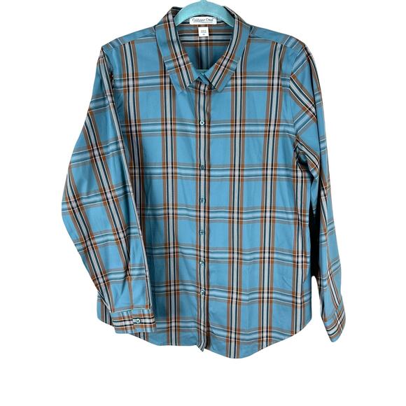 Coldwater Creek teal brown plaid button shirt women’s size 14 long sleeve work - Picture 1 of 5
